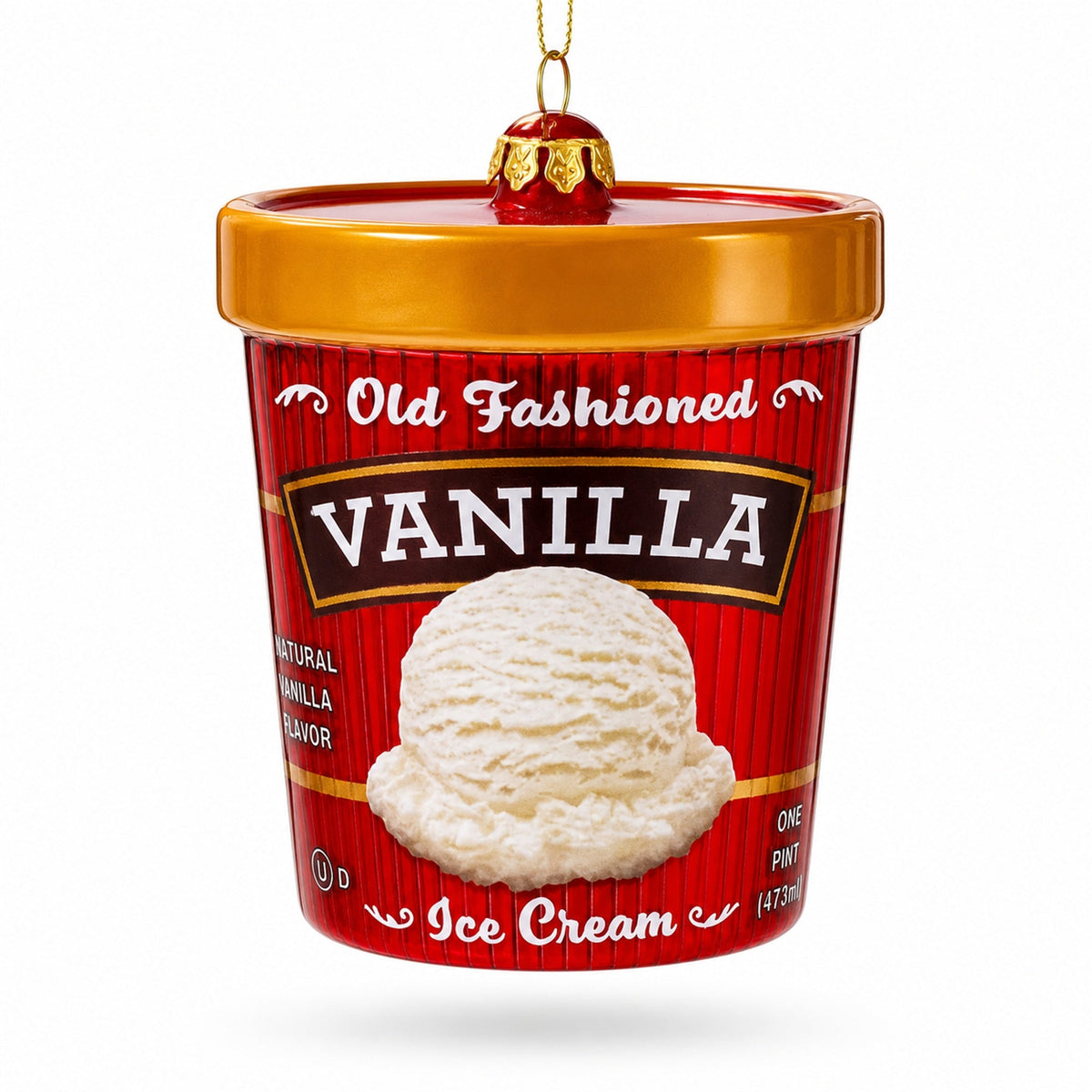Vanilla ice cream pint glass Christmas ornament with red label and cream scoop, gold cap