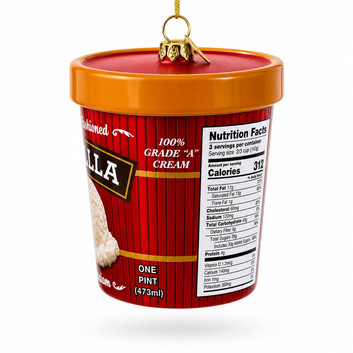 Vanilla pint ornament back/side view with nutrition facts, orange lid and gold hanger