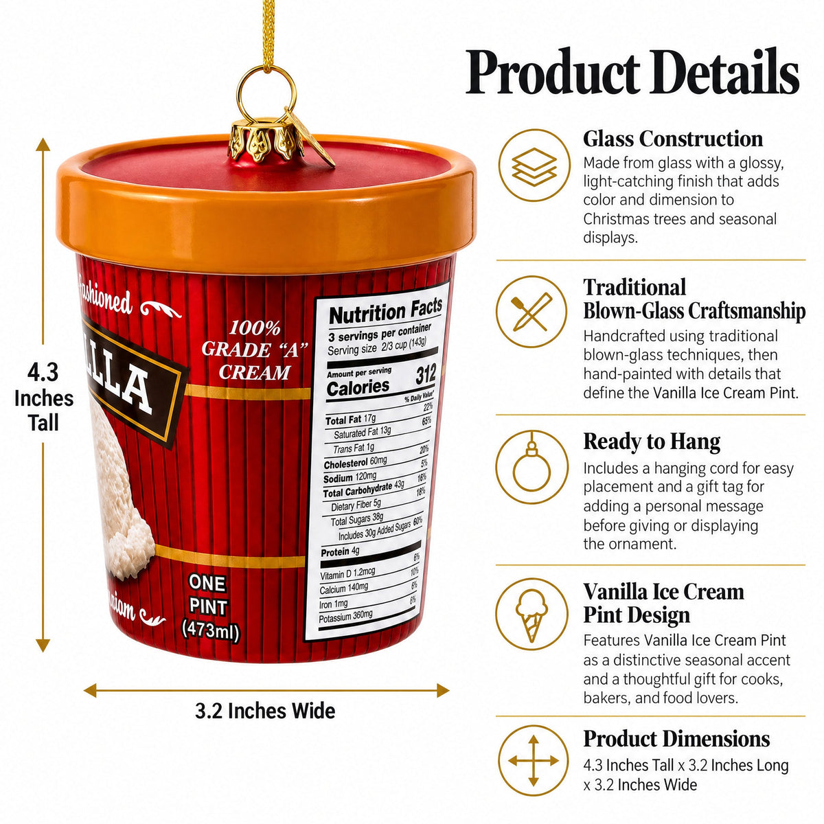 Vanilla ice cream pint ornament showing nutrition facts panel, orange lid, gold hanging loop
