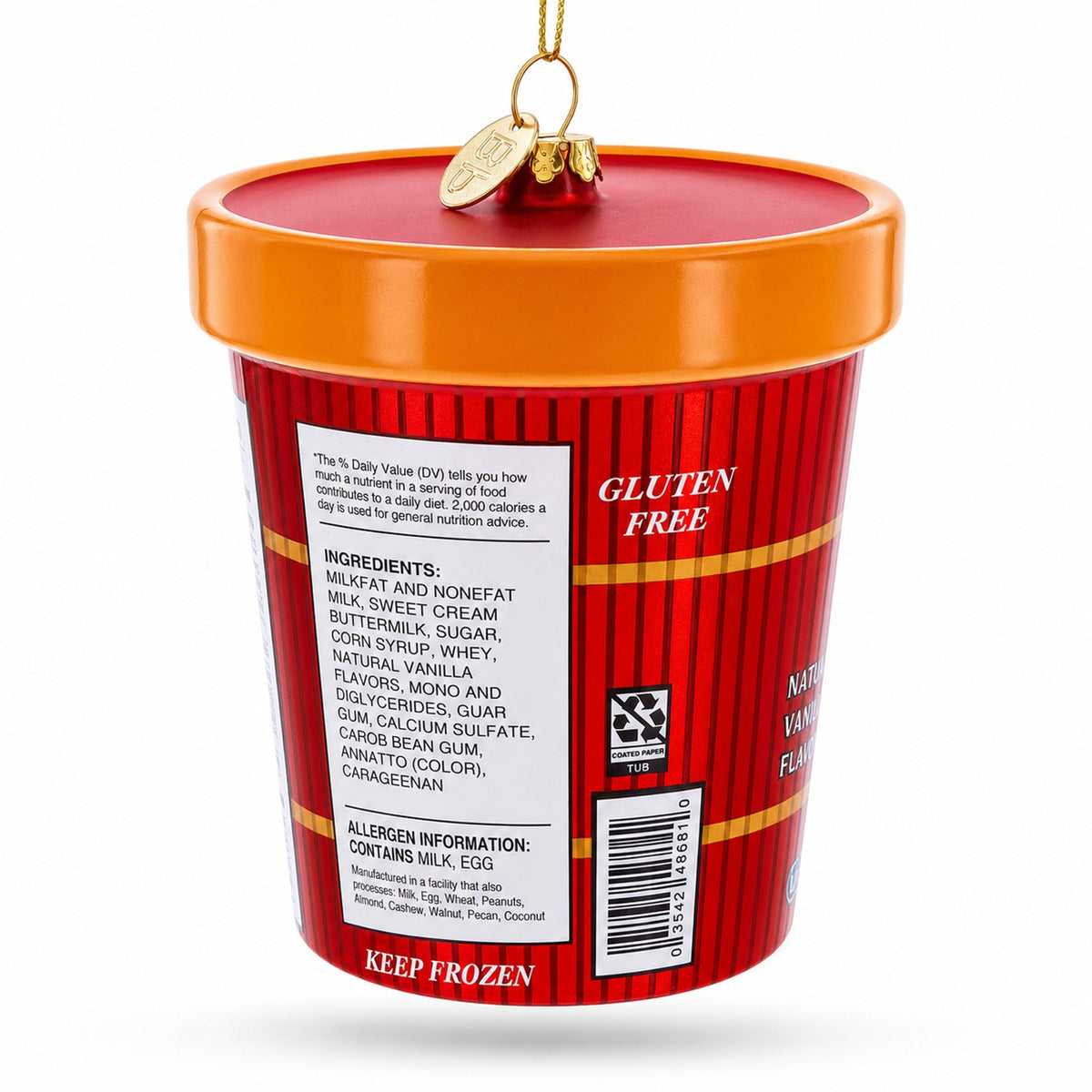 Vanilla pint ornament back panel with ingredients list, gluten free mark, orange lid