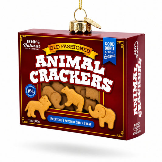 Animal cracker-themed glass ornament box with gold cap and hanging loop