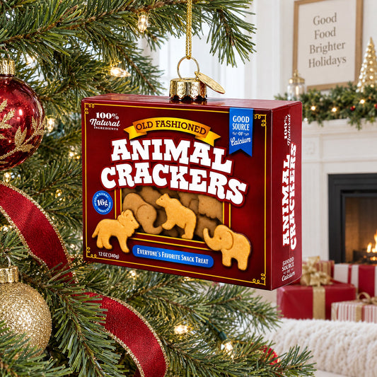 Animal cracker-themed glass ornament box hanging on a Christmas tree branch