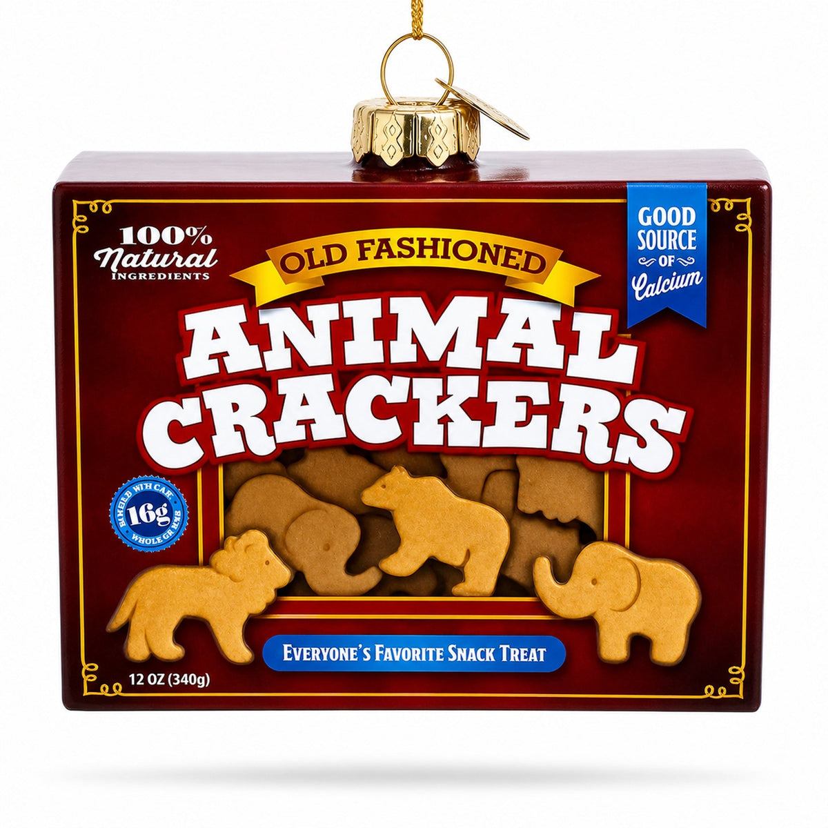 Animal cracker-themed glass ornament box front with animal-shaped cookie graphics