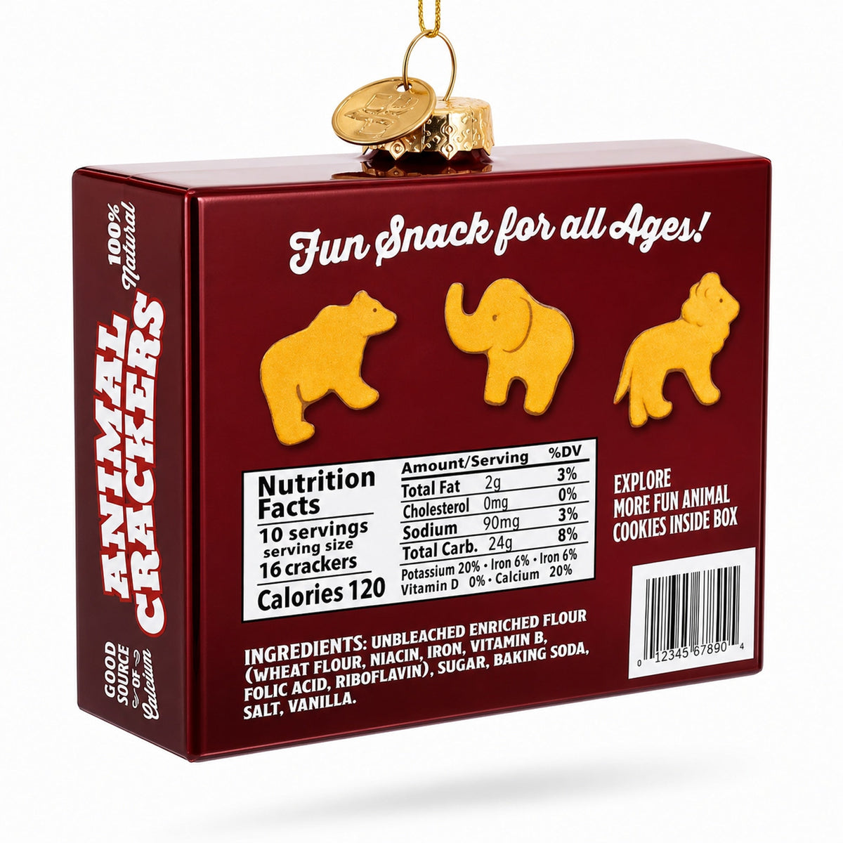 Animal cracker-themed glass ornament box back with Nutrition Facts and ingredient label