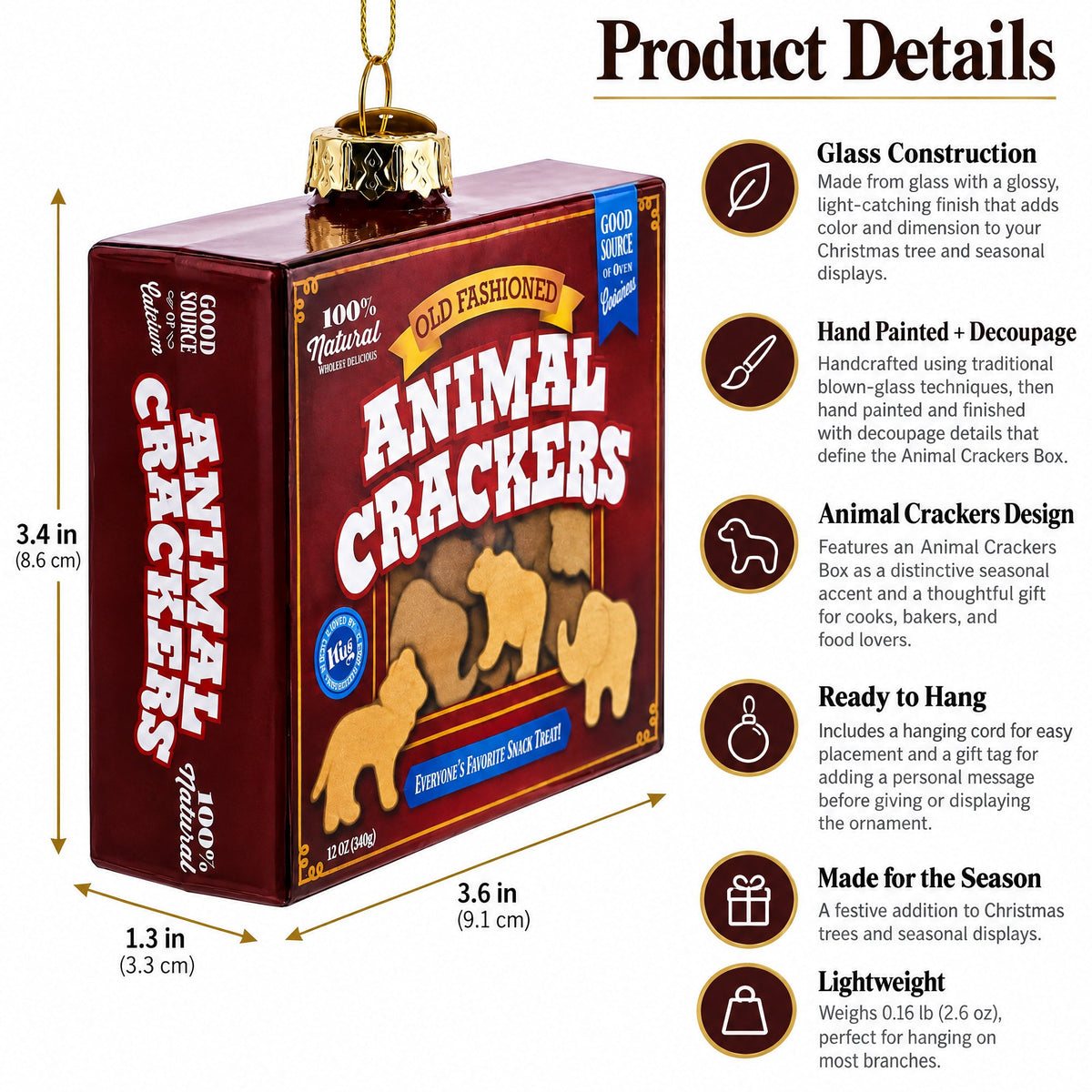 Animal cracker-themed glass ornament box with gold top and hanging loop, side view