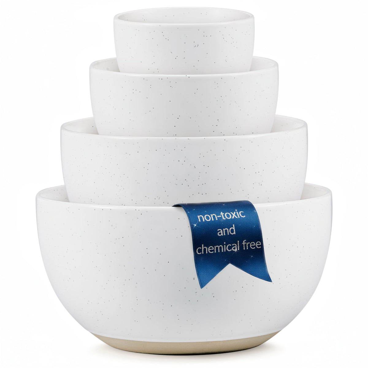 Set of 4 ceramic nesting bowls in speckled off-white, stacked with a blue label badge