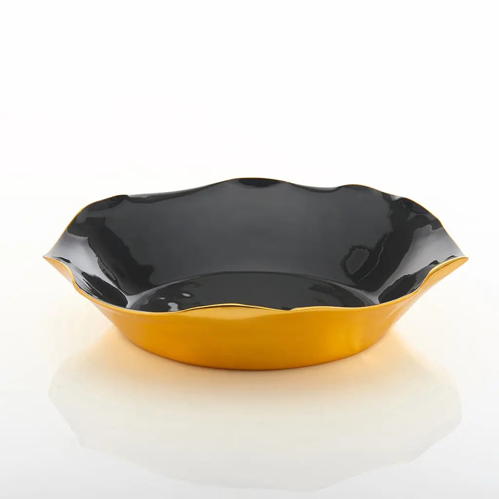 Ruffled graphite bowl, black glossy interior with gold outer base and scalloped rim