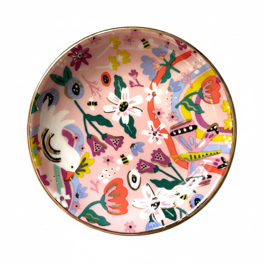 Round porcelain dice dish with multicolor butterfly garden pattern