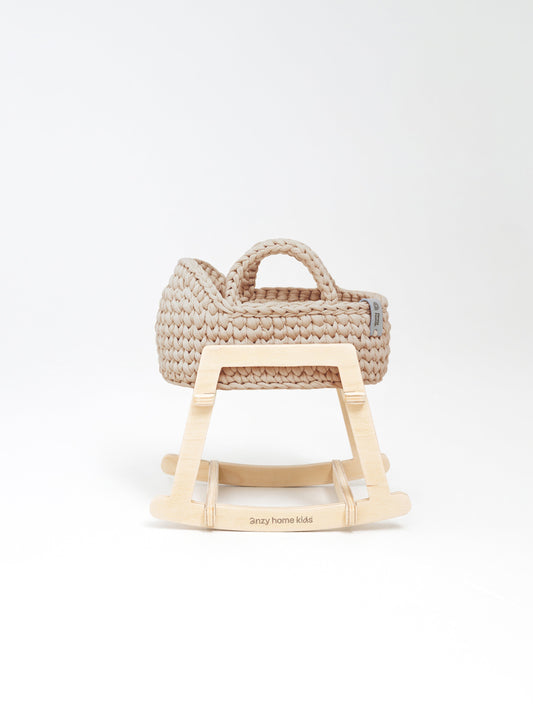 Mini doll moses basket with rocking stand, light beige woven design and handle