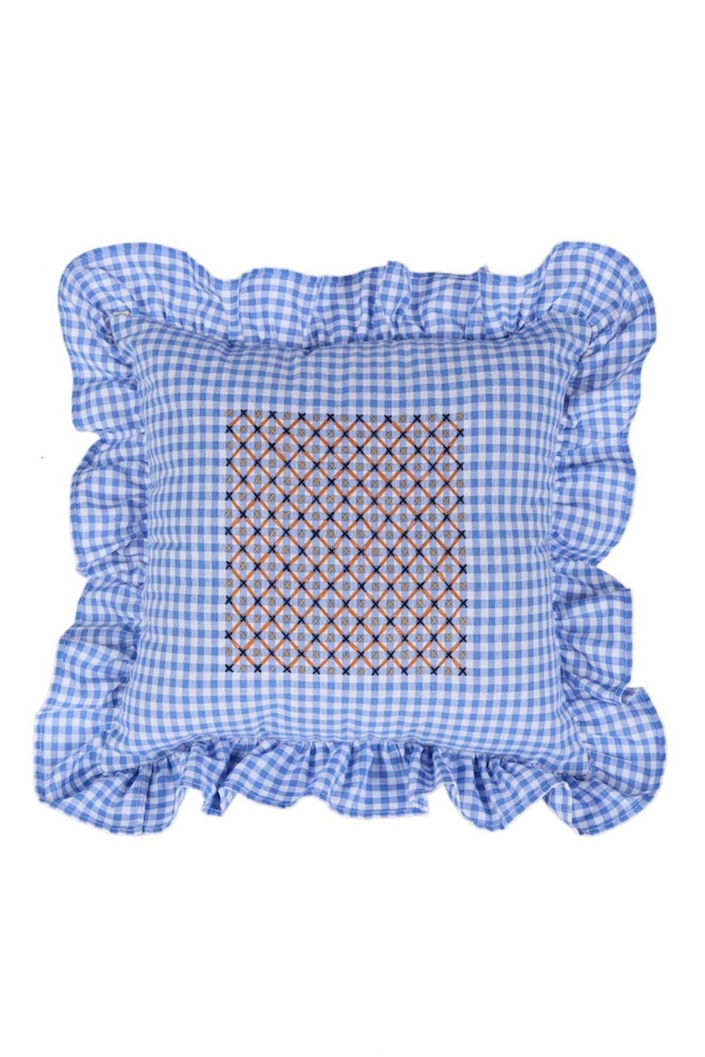 Sky-blue gingham embroidered cushion with diamond lattice front and ruffled edges