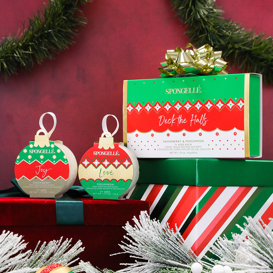 Holiday ornament gift set with two round Spongellé ornaments and gift box