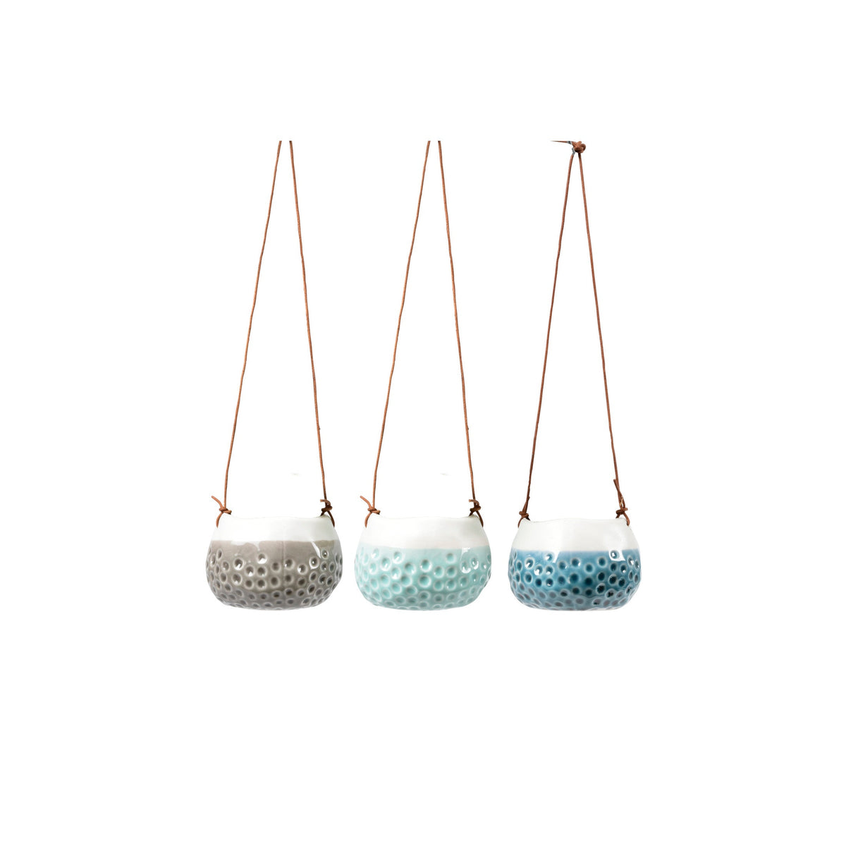 Set of three hanging baby dotty vases with rope loops: gray, light blue, and dark blue.