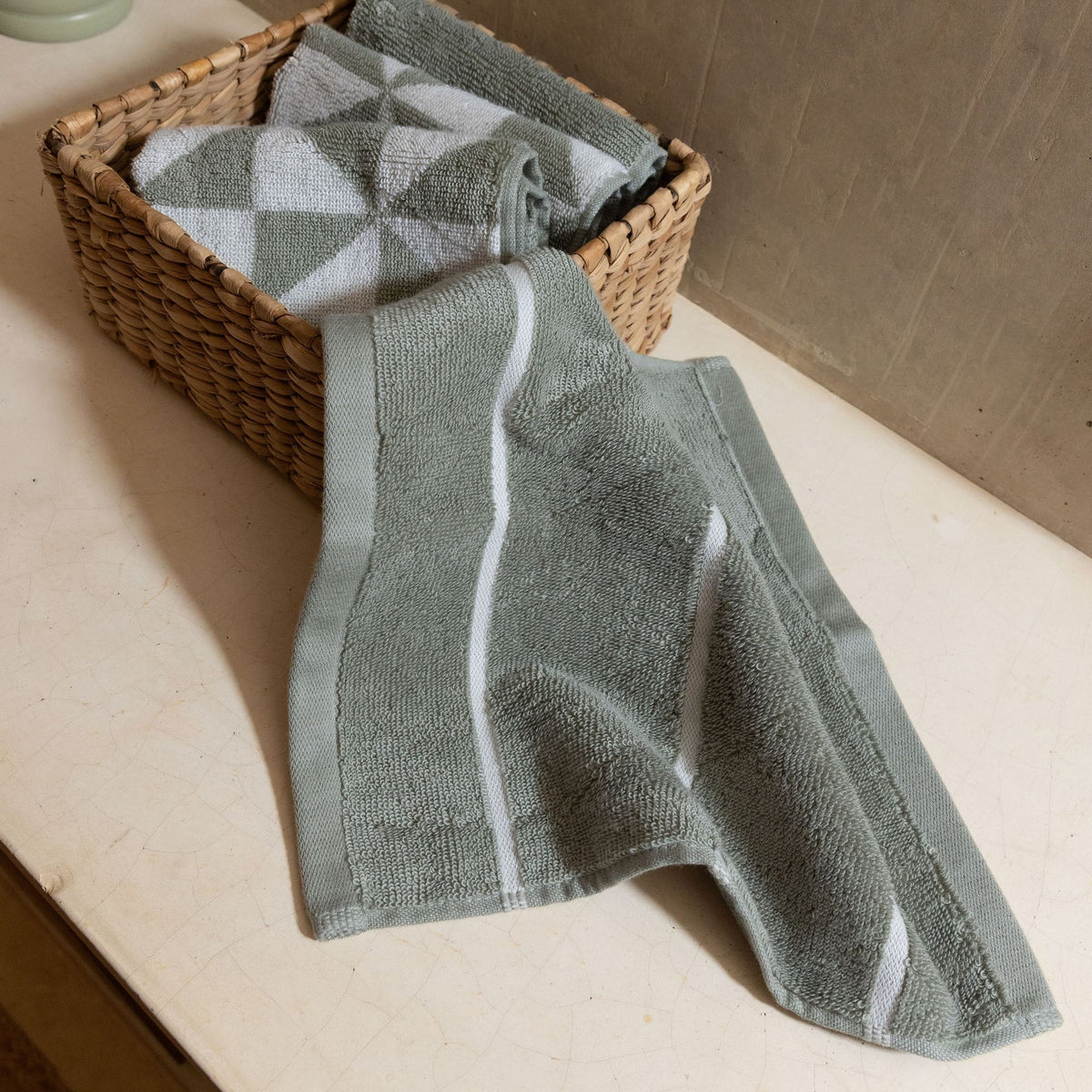 Cotton towels set, sage-green terry with white vertical stripe