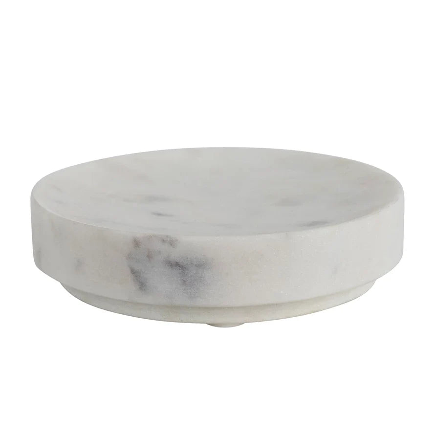 White marble soap dish, round with gray veining