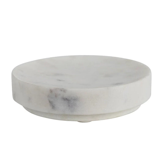 White marble soap dish, round with gray veining
