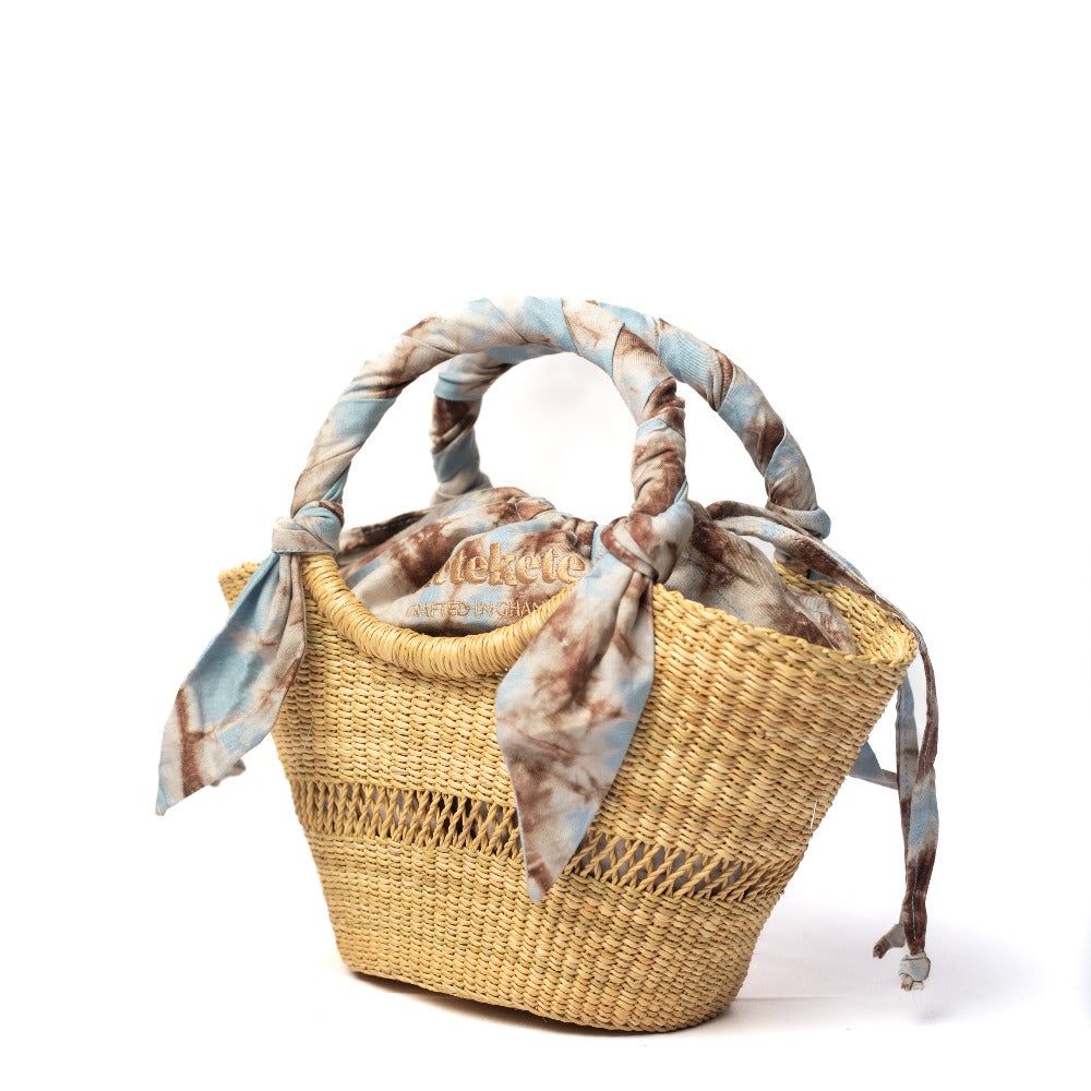 Small straw woven butterfly bag with light blue and brown/white scarf tie handles