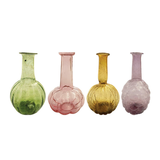 Set of four hand-blown glass vases in green, pink, amber, and lilac—front view