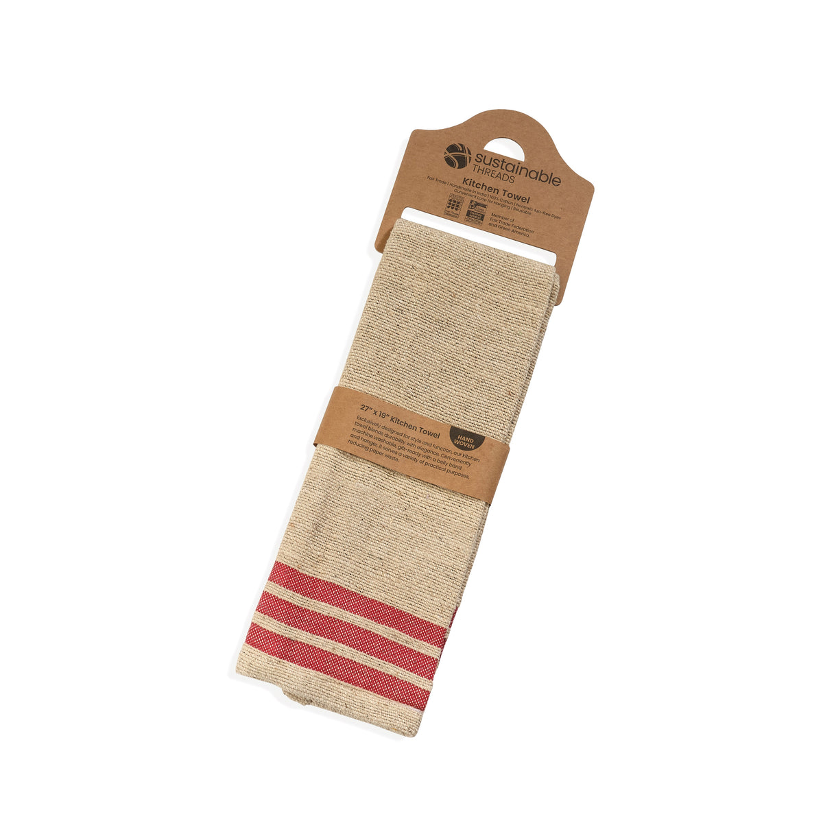Handwoven cotton kitchen towel with red striped border, shown on hang tag