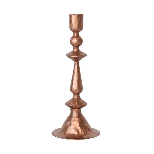 Copper taper candleholder with three stacked bulb accents and flared base.