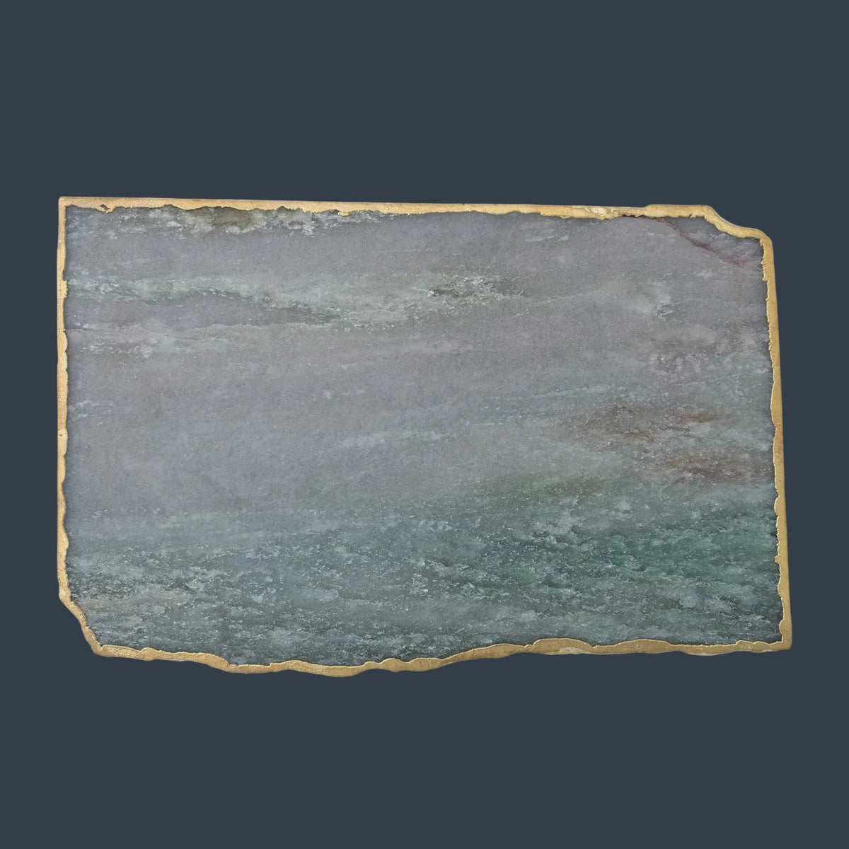 Blue agate slab with gold electroplated edge, rectangular gray-blue stone face