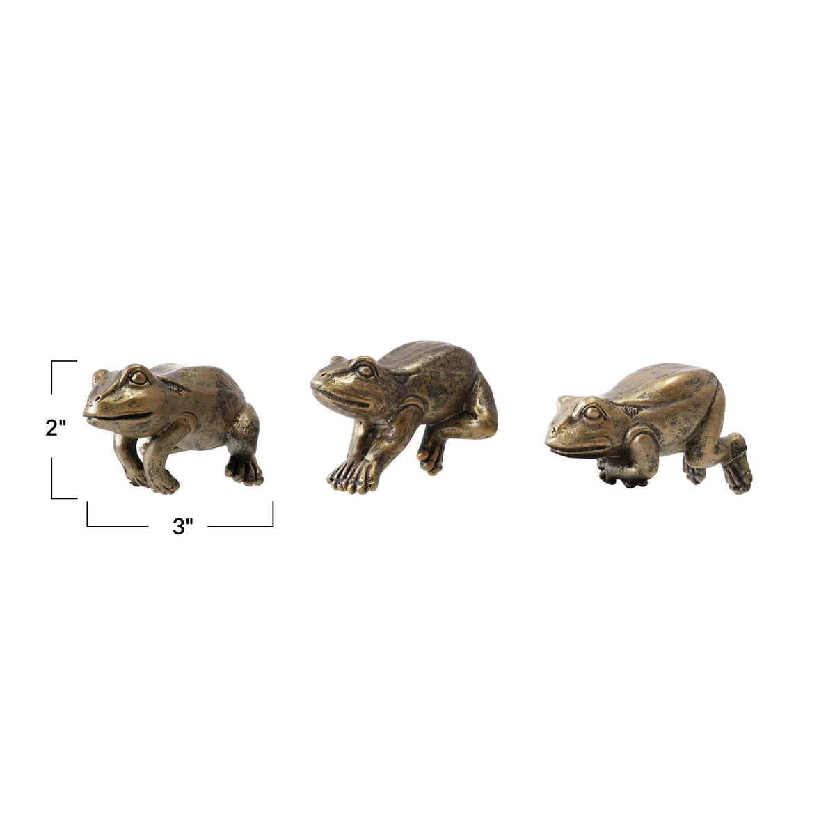 Three resin frog planter hangers, side views with 2 in and 3 in sizes