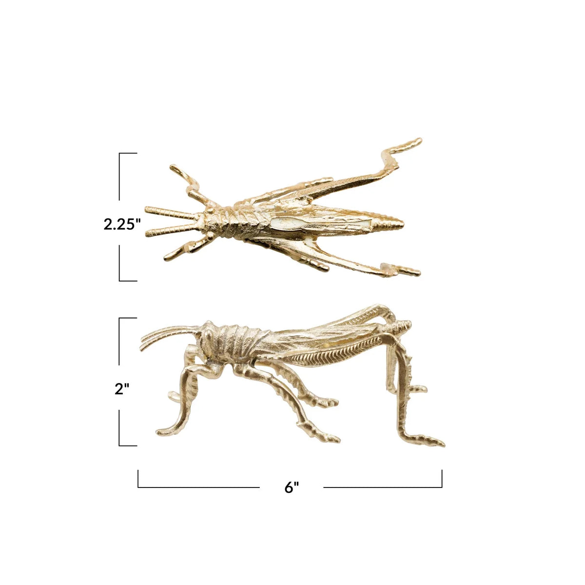 Gold-finished pewter grasshopper ornament, two-piece set with 6 in width