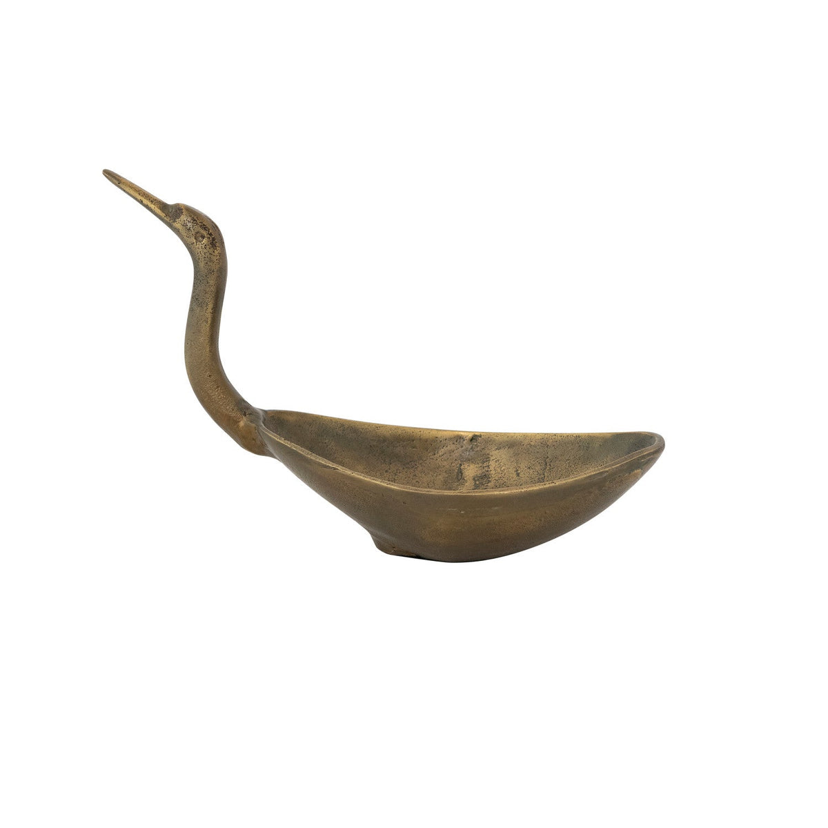 Antique bronze cast aluminum bird-shaped bowl with curved base and raised tail