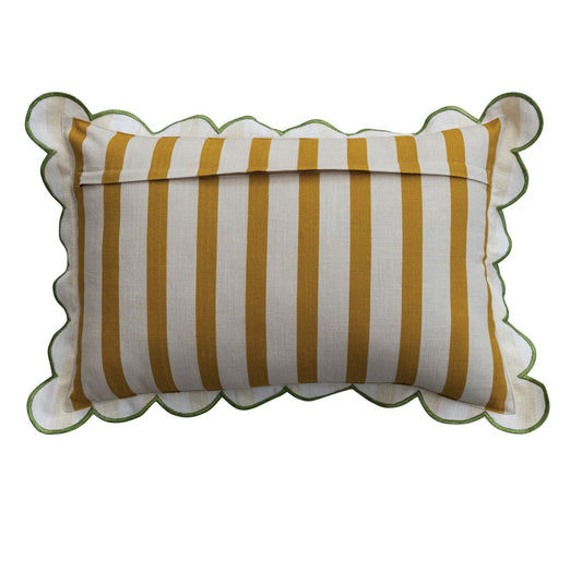 Cotton lumbar throw pillow, yellow and white vertical stripes, scalloped edges