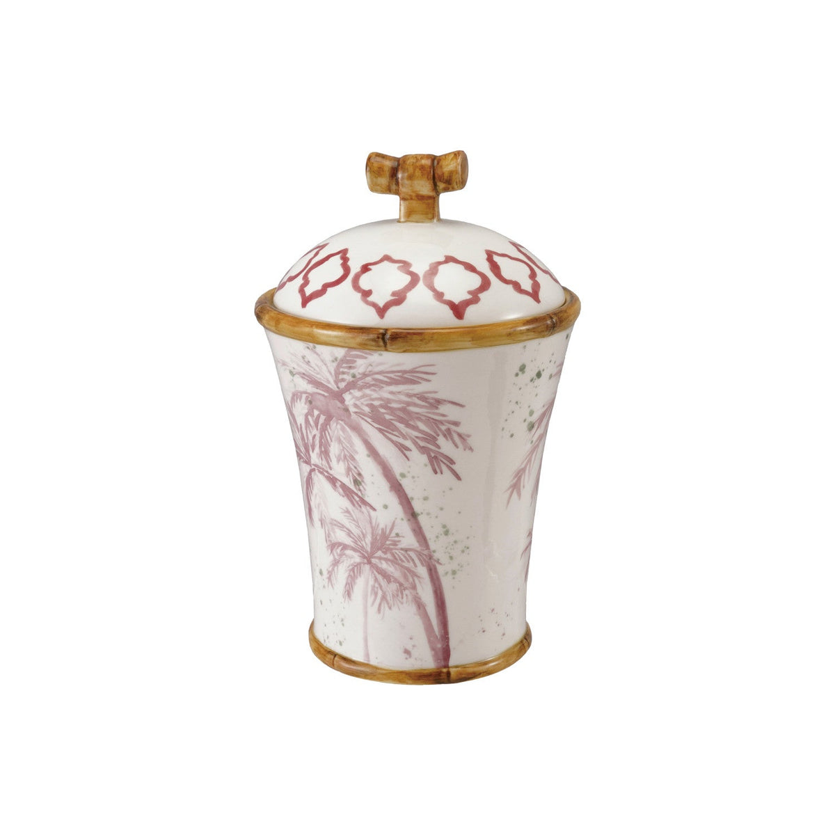 Hand-painted ceramic canister with palm trees, gold rim and knobbed lid