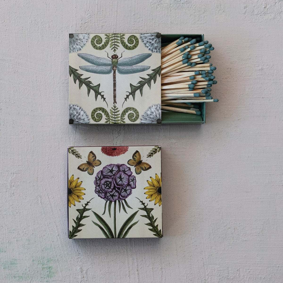 Insects & botanicals safety matchbooks, dragonfly and floral covers; matches showing