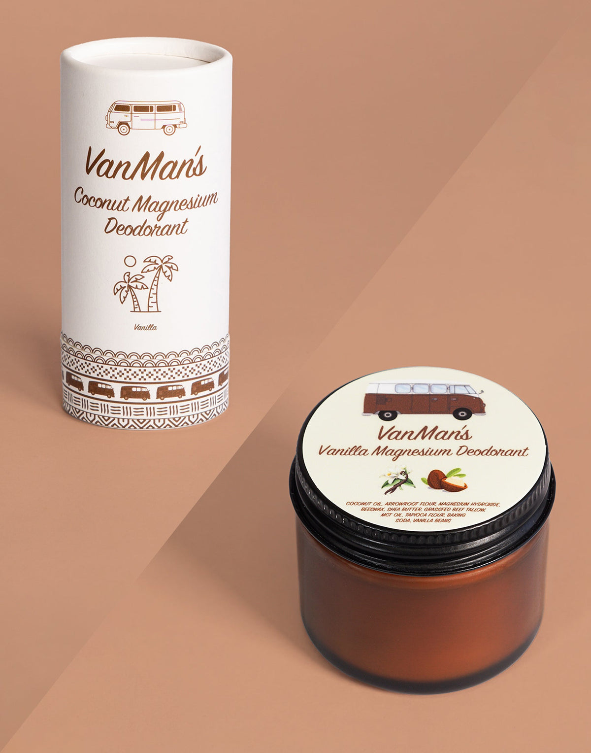 VanMan's vanilla magnesium deodorant stick and jar, white tube and brown jar with printed labels.
