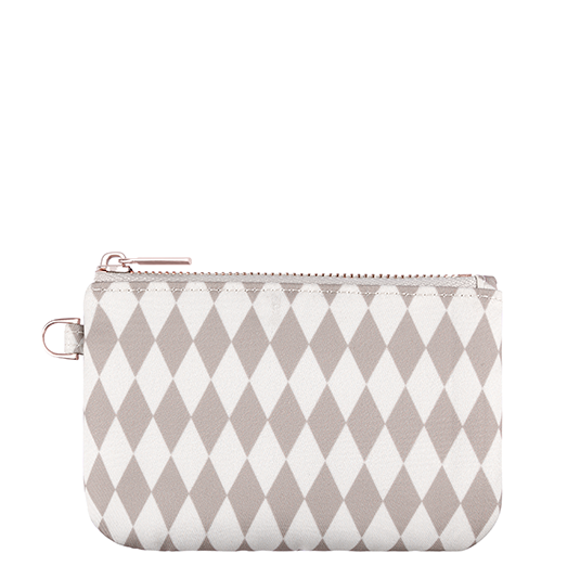 Diamond patterned zip pouch with wrist strap, light gray and white