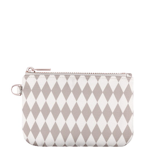 Diamond patterned zip pouch with wrist strap, light gray and white