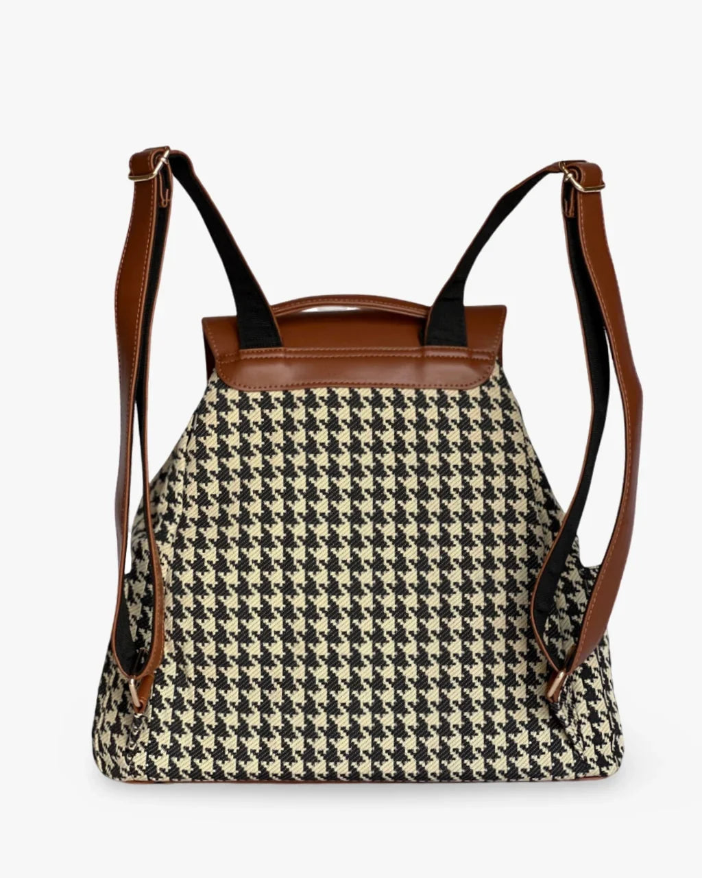 Back of the houndstooth diaper bag with adjustable brown shoulder straps