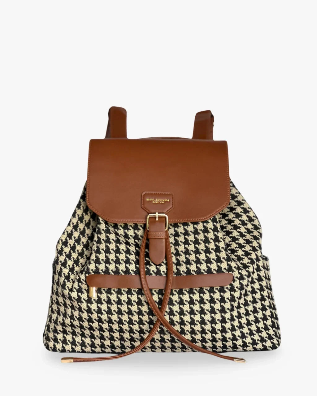 The Morgan diaper bag with houndstooth fabric, brown flap, trim, and drawstring closure