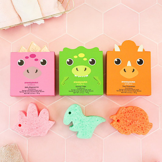 Assorted sponge dinosaur set: pink, green, and orange boxes with dinosaur sponges