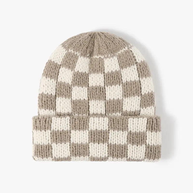 Chunky knitted beanie with a folded cuff and taupe and cream checker pattern