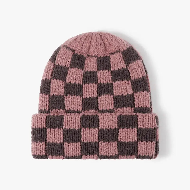 Chunky knitted beanie with a folded cuff and blush pink and dark brown checks