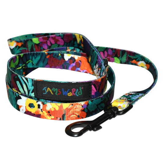 Multicolor botanical pet leash with black plastic buckle and clip