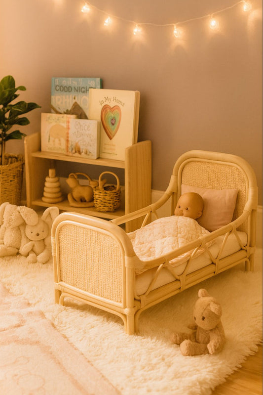 Natural rattan doll bed with woven end panels and a doll under a quilt