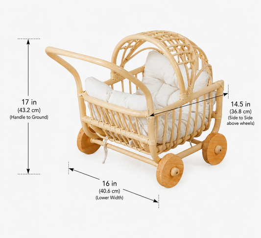 Natural rattan doll pram with cushioned bedding and wooden wheels, shown with size measurements