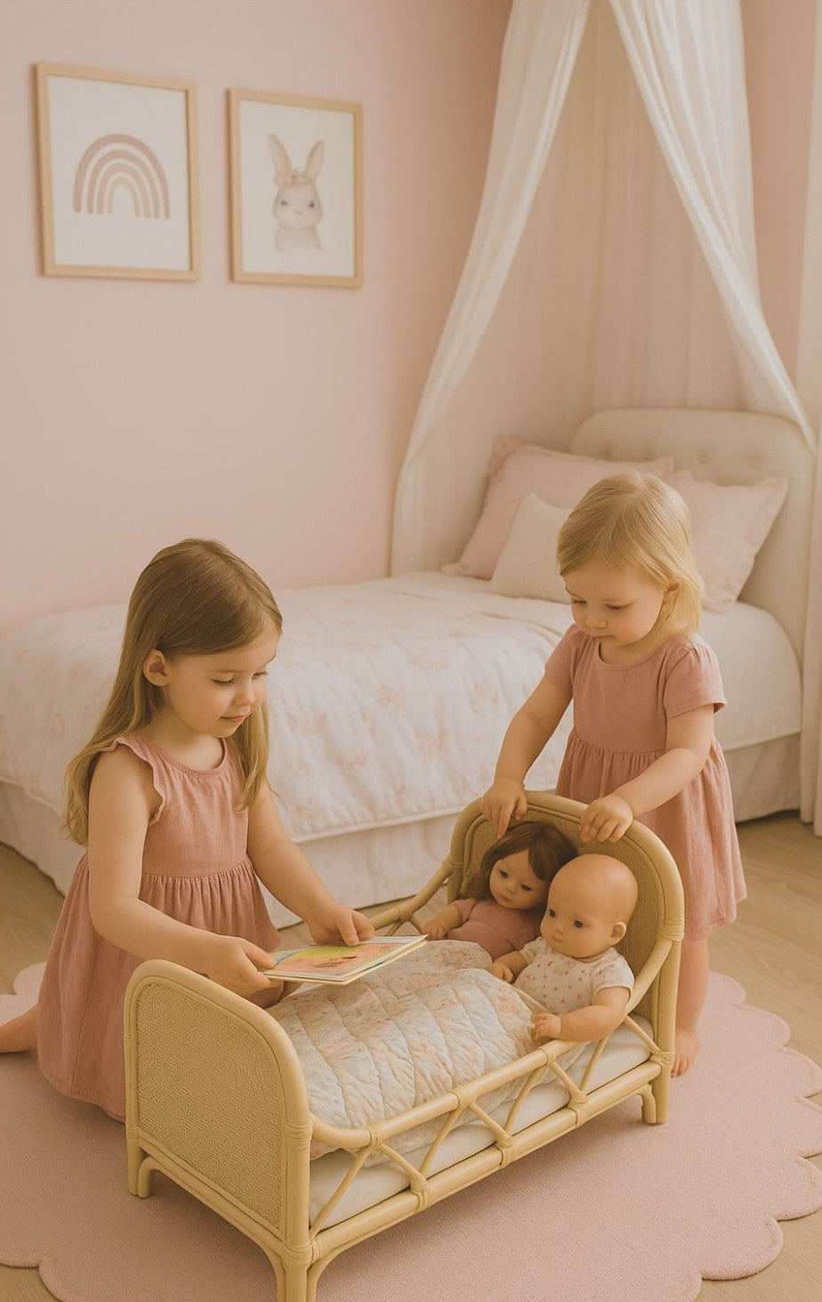 Natural rattan doll bed with a quilt and two dolls