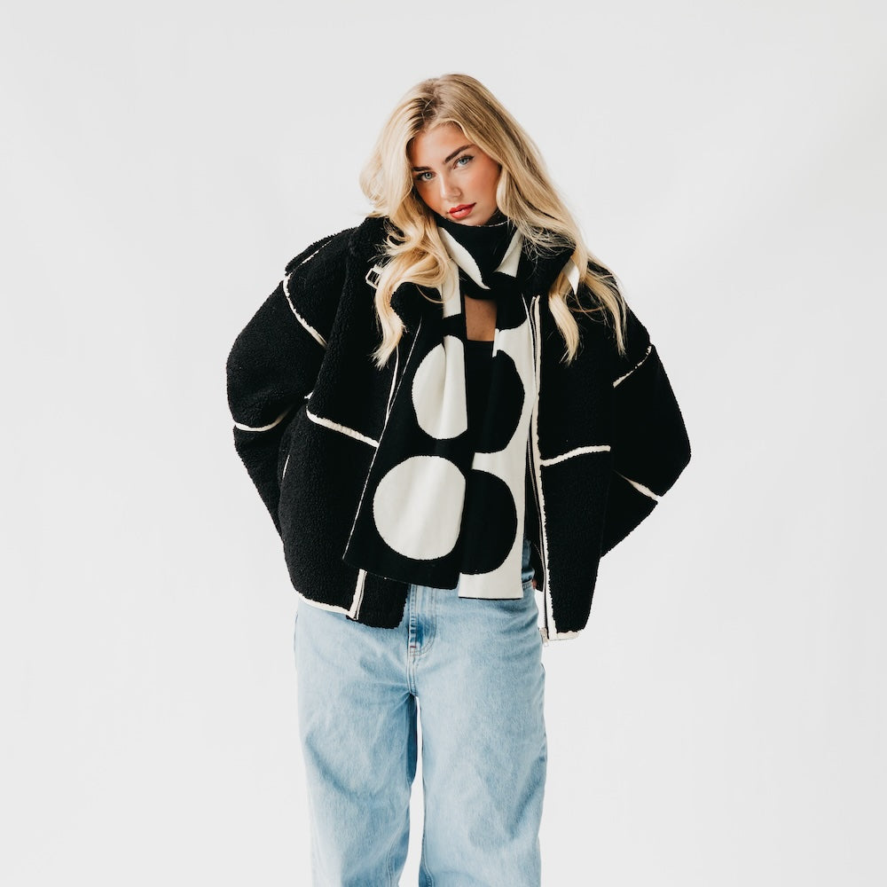 Black dot scarf with bold white circles, long length for draped wear