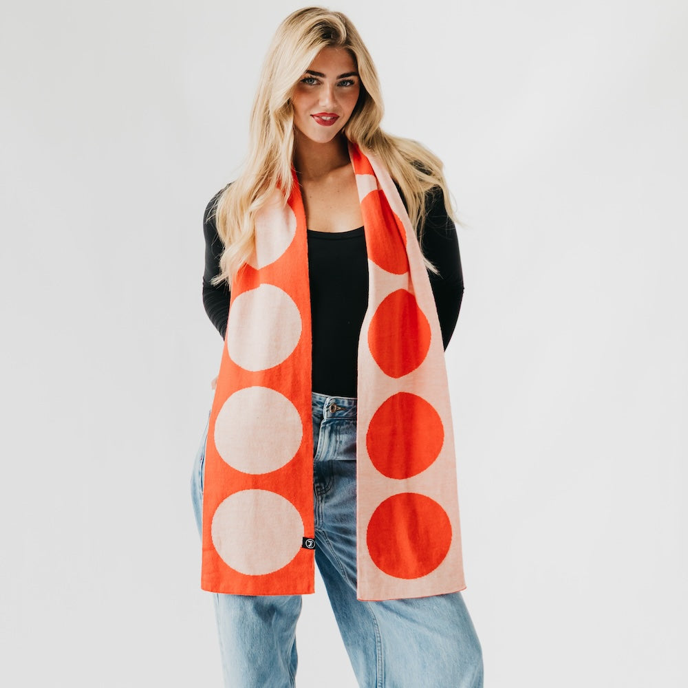 Orange scarf with bold dot pattern, long drape with wide circle print
