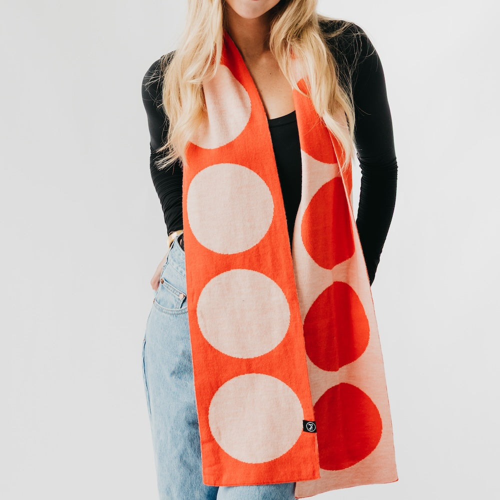 Orange scarf with oversized red and light circles, soft fabric long length