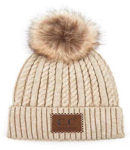 Cream ribbed knit beanie with faux fur pom-pom and front logo patch