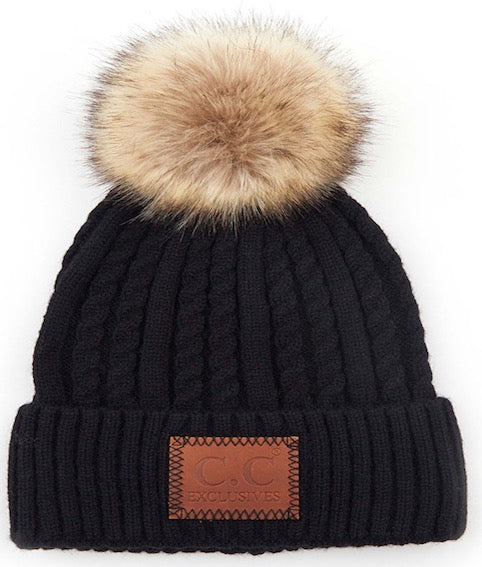 Black ribbed knit beanie with faux fur pom-pom and front logo patch