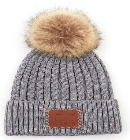 Light grey ribbed knit beanie with faux fur pom-pom and front logo patch