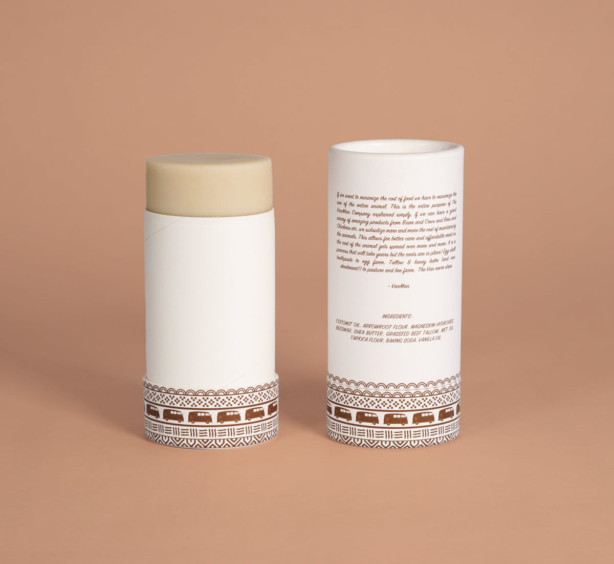 VanMan's vanilla magnesium deodorant stick pair, white tube with beige top and patterned base.