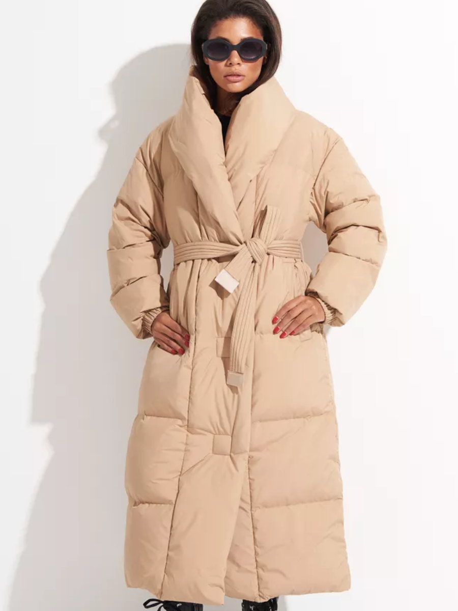 Caramel long goose down coat with a high collar and tie belt
